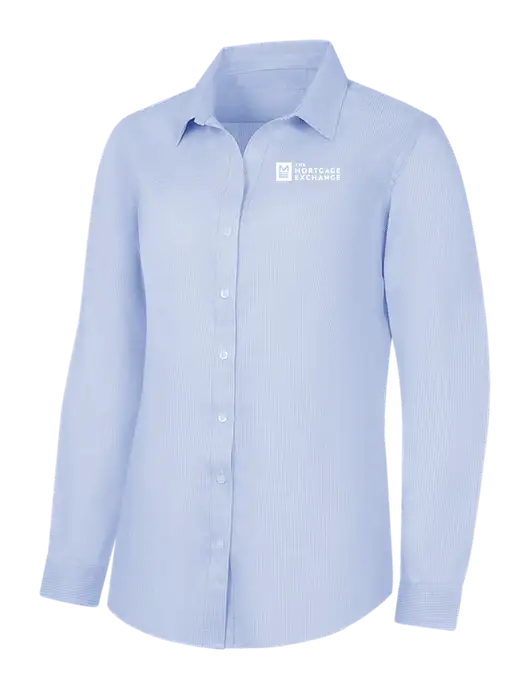 The Mortgage Exchange Light Blue/White Womens Pincheck Easy Care Shirt w/Mortgage Exchange Logo