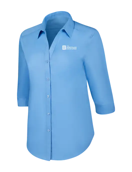 The Mortgage Exchange Womens Carolina Blue 3/4 Sleeve Carefree Poplin Shirt w/Mortgage Exchange Logo