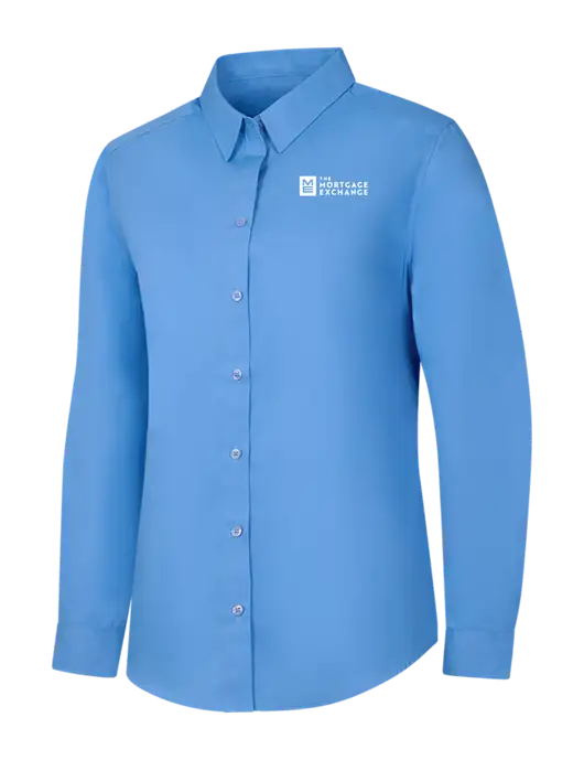 The Mortgage Exchange Womens Carolina Blue Sleeve Carefree Poplin Shirt w/Mortgage Exchange Logo