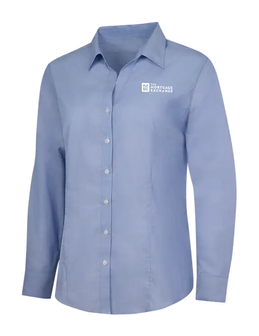 The Mortgage Exchange Light Slate Blue Womens Crosshatch Easy Care Shirt w/Mortgage Exchange Logo