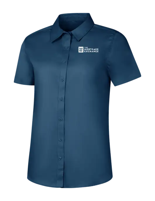 The Mortgage Exchange Womens Light Navy Short Sleeve Superpro React Twill Shirt w/Mortgage Exchange Logo