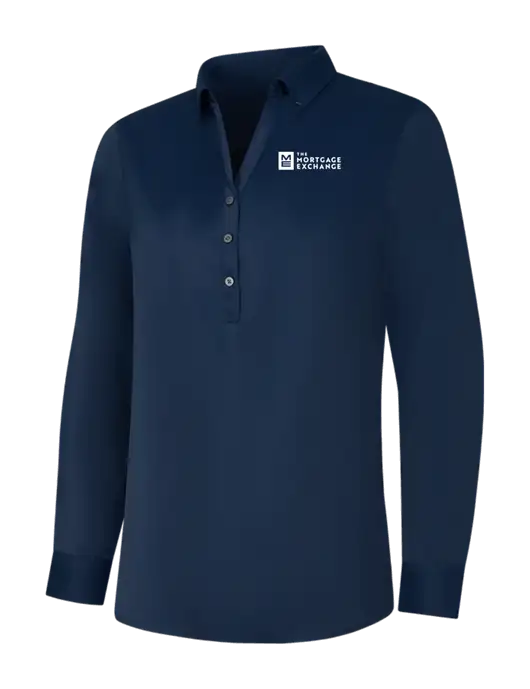 The Mortgage Exchange Womens Navy City Stretch Shirt w/Mortgage Exchange Logo