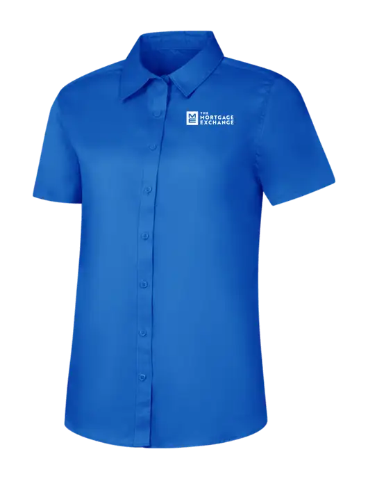 The Mortgage Exchange Womens Short Sleeve Royal Blue Superpro React Twill Shirt w/Mortgage Exchange Logo