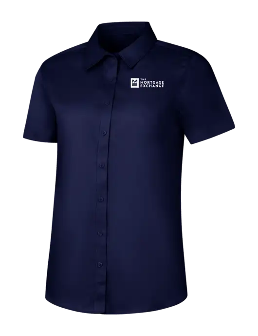 The Mortgage Exchange Womens Navy Short Sleeve Superpro React Twill Shirt w/Mortgage Exchange Logo