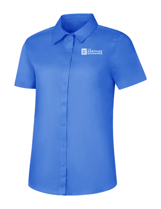 The Mortgage Exchange Womens Dark Carolina Blue Short Sleeve Superpro React Twill Shirt w/Mortgage Exchange Logo