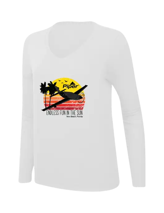 Piper Womens  V-Neck Ring Spun White 4.5 oz Long Sleeve T-Shirt w/Piper Sun & Fun Logo