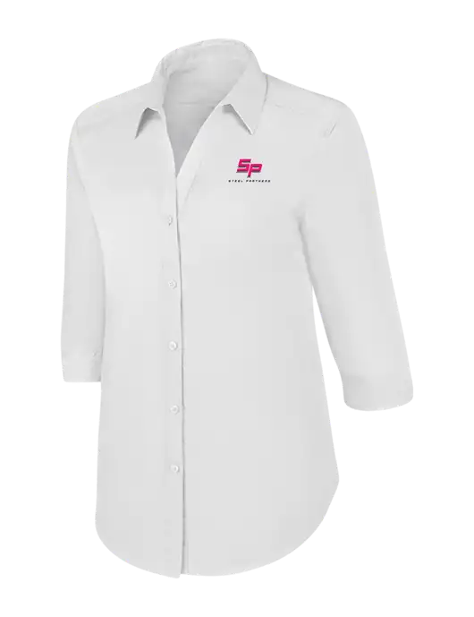 Steel Partners Womens White 3/4 Sleeve Carefree Poplin Shirt w/Steel Partners Logo