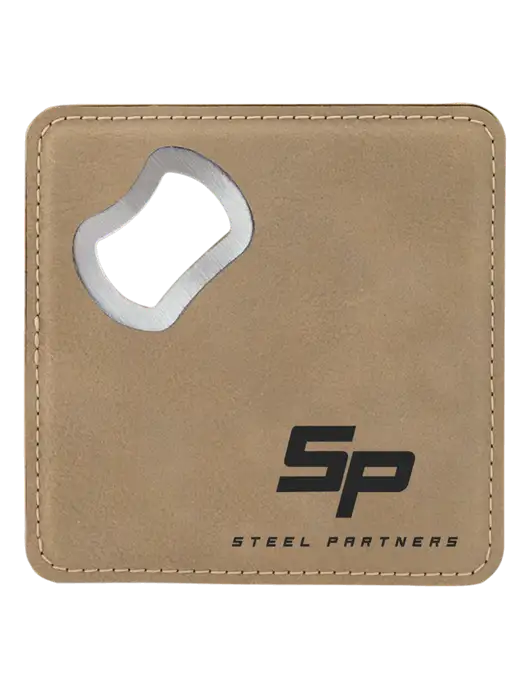 Steel Partners Tan Leatherette Bottle Opener Coaster w/Steel Partners Logo