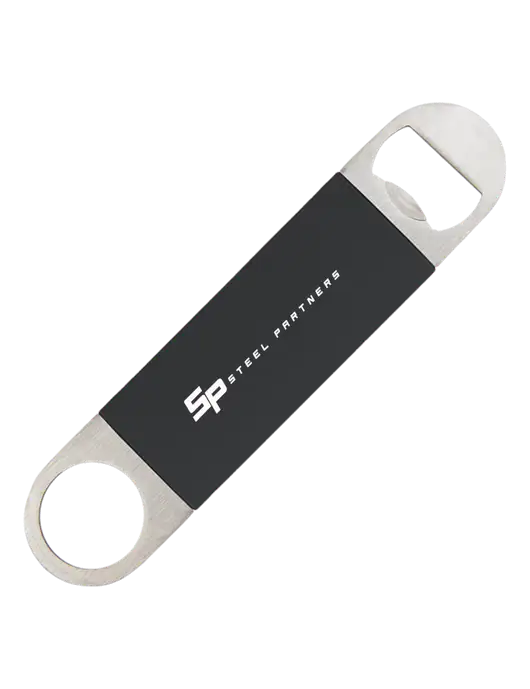 Steel Partners Black Bottle Opener with Silicone Grip w/Steel Partners Logo