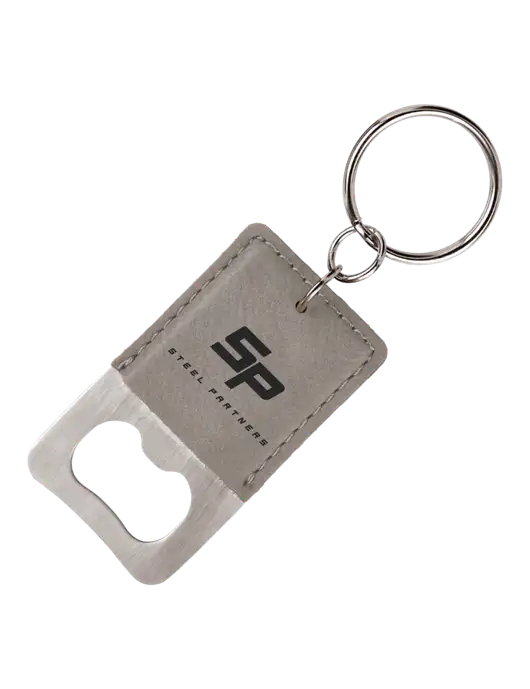 Steel Partners Grey Leatherette Rectangle Bottle Opener Keychain w/Steel Partners Logo