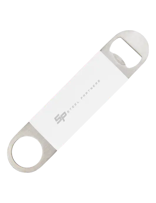 Steel Partners White Bottle Opener with Silicone Grip w/Steel Partners Logo
