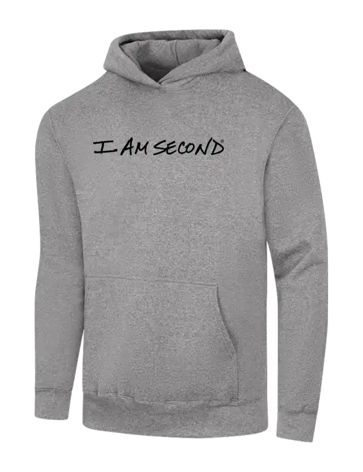 I Am Second Light Grey Heather 7.8 oz Ring Spun Hooded Sweatshirt w/I Am Second Logo