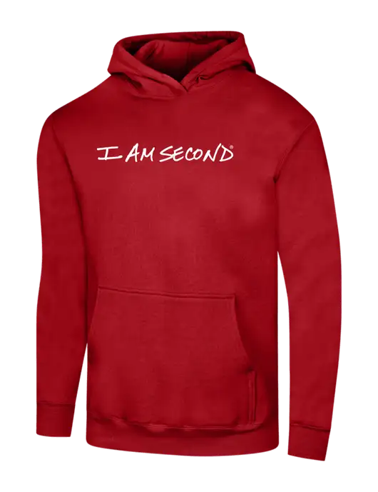 I Am Second Bright Red 8.5 oz Ring Spun Hooded Sweatshirt w/I Am Second Logo