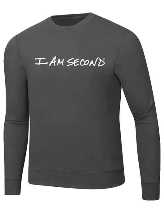 I Am Second Charcoal 7.8 oz Ring Spun Crew Sweatshirt w/I Am Second Logo