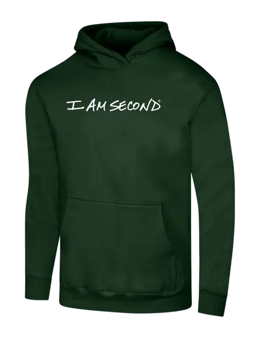 I Am Second Dark Green 7.8 oz Ring Spun Hooded Sweatshirt w/I Am Second Logo