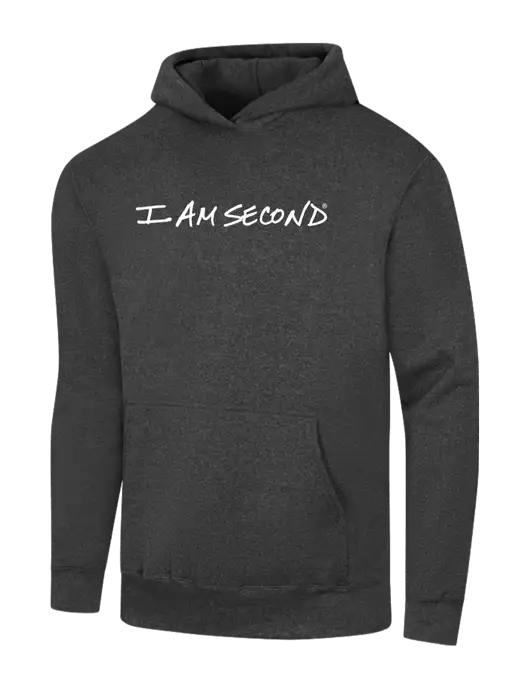 I Am Second Dark Heather Grey 7.8 oz Ring Spun Hooded Sweatshirt w/I Am Second Logo