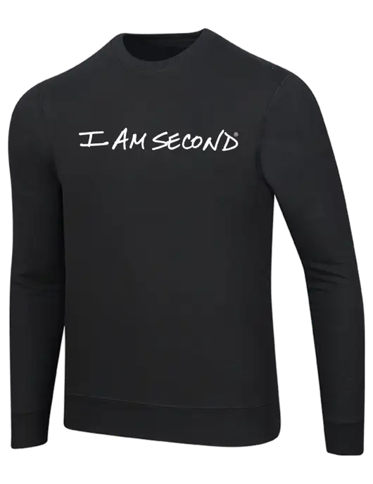 I Am Second Black 7.8 oz Ring Spun Crew Sweatshirt w/I Am Second Logo
