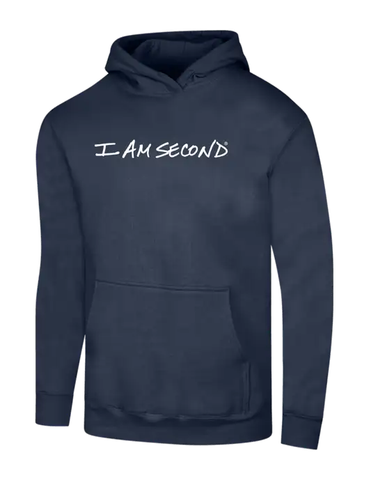 I Am Second Navy 7.8 oz Ring Spun Hooded Sweatshirt w/I Am Second Logo