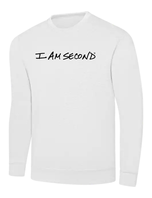 I Am Second White 7.8 oz Ring Spun Crew Sweatshirt w/I Am Second Logo