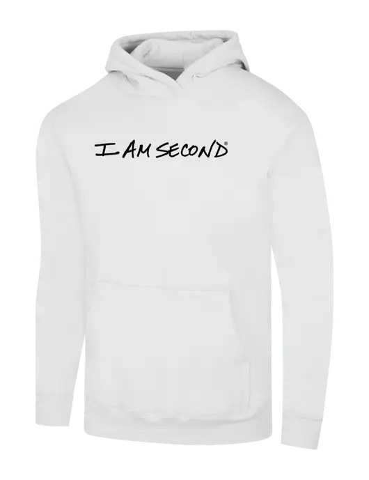 I Am Second White 7.8 oz Ring Spun Hooded Sweatshirt w/I Am Second Logo