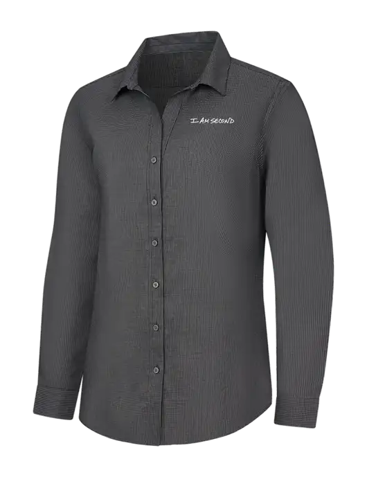 I Am Second Charcoal Womens Pincheck Easy Care Shirt w/I Am Second Logo