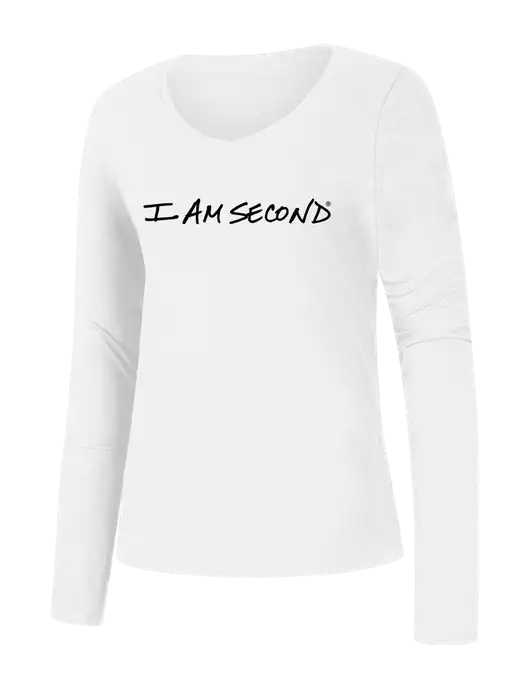 I Am Second Womens Seriously Soft White V-Neck Long Sleeve T-Shirt w/I Am Second Logo