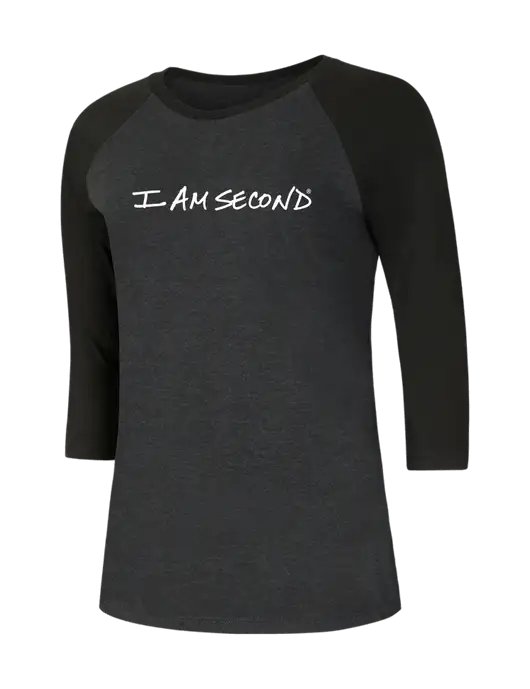 I Am Second Womens Simply Soft 3/4 Sleeve Black/Black Frost Ring Spun Cotton T-Shirt w/I Am Second Logo