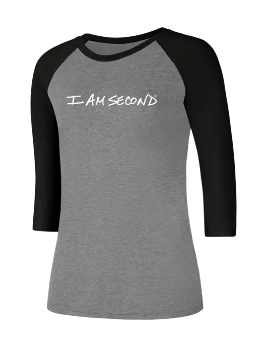 I Am Second Womens Simply Soft 3/4 Sleeve Black Frost/Grey Frost Ring Spun Cotton T-Shirt w/I Am Second Logo