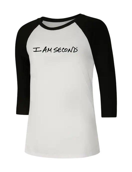 I Am Second Womens Simply Soft 3/4 Sleeve Black/White Ring Spun Cotton T-Shirt w/I Am Second Logo