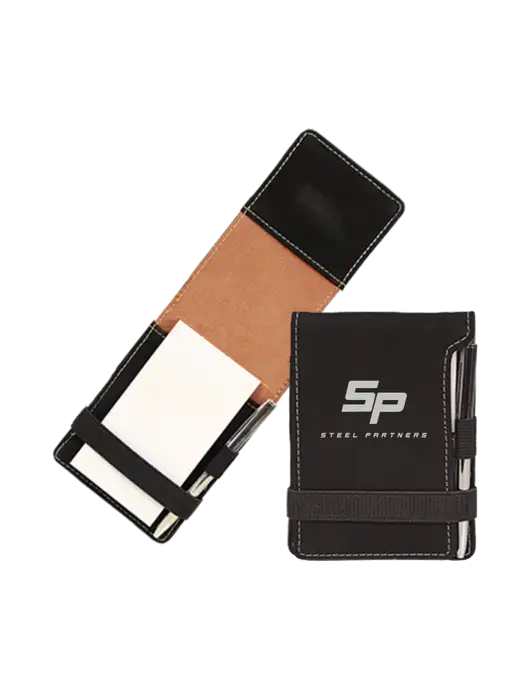 Steel Partners Black Leatherette Mini Notepad with Pen,  3.25 x 4.75 w/Steel Partners Logo
