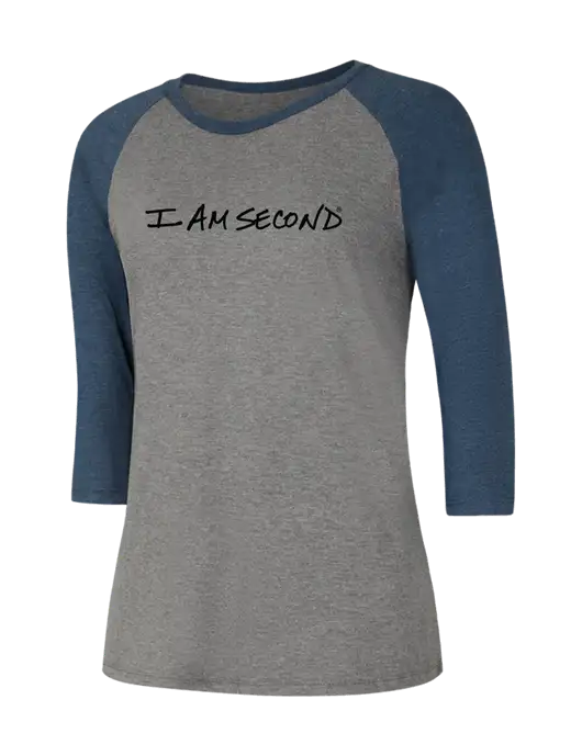I Am Second Womens Simply Soft 3/4 Sleeve Navy Frost/Grey Frost Ring Spun Cotton T-Shirt w/I Am Second Logo