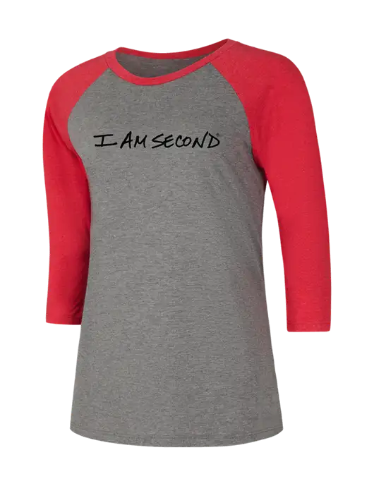 I Am Second Womens Simply Soft 3/4 Sleeve Red Frost/Grey Frost Ring Spun Cotton T-Shirt w/I Am Second Logo