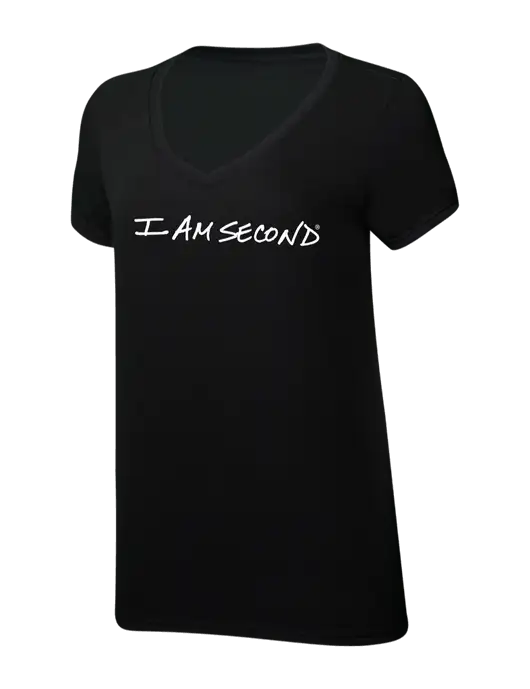 I Am Second Womens Simply Soft V-Neck Black 4.5oz  Poly/Combed Ring Spun Cotton T-Shirt w/I Am Second Logo