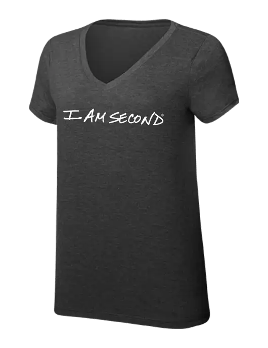 I Am Second Womens Simply Soft V-Neck Black Frost 4.5oz  Poly/Combed Ring Spun Cotton T-Shirt w/I Am Second Logo