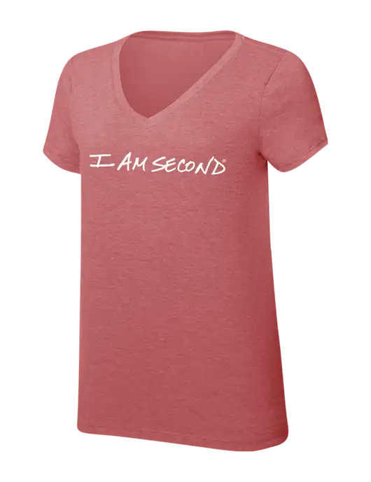 I Am Second Womens Simply Soft V-Neck Blush Frost 4.5oz  Poly/Combed Ring Spun Cotton T-Shirt w/I Am Second Logo