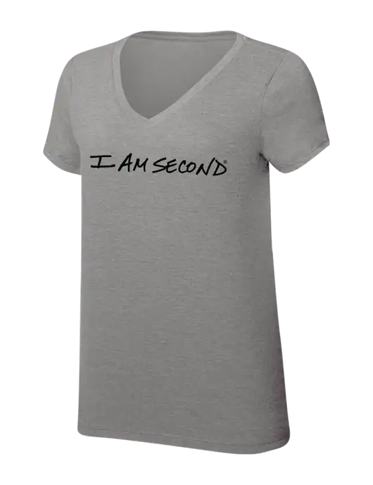 I Am Second Womens Simply Soft V-Neck Grey Frost 4.5oz  Poly/Combed Ring Spun Cotton T-Shirt w/I Am Second Logo