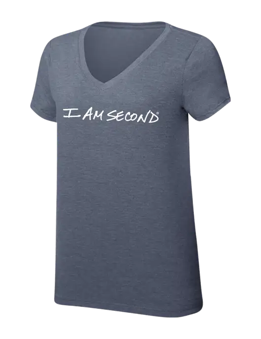 I Am Second Womens Simply Soft V-Neck Navy Frost 4.5oz  Poly/Combed Ring Spun Cotton T-Shirt w/I Am Second Logo