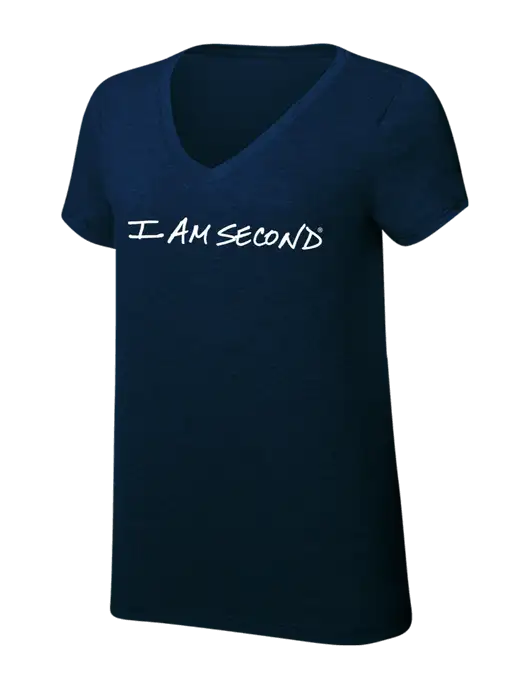 I Am Second Womens Simply Soft V-Neck New Navy 4.5oz  Poly/Combed Ring Spun Cotton T-Shirt w/I Am Second Logo