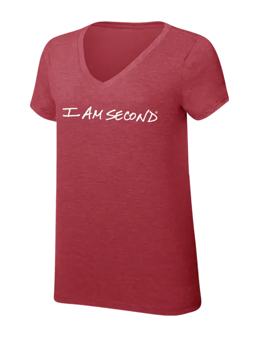 I Am Second Womens Simply Soft V-Neck Red Frost 4.5oz  Poly/Combed Ring Spun Cotton T-Shirt w/I Am Second Logo