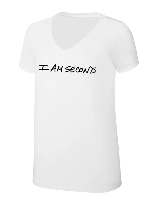 I Am Second Womens Simply Soft V-Neck White 4.5oz  Poly/Combed Ring Spun Cotton T-Shirt w/I Am Second Logo