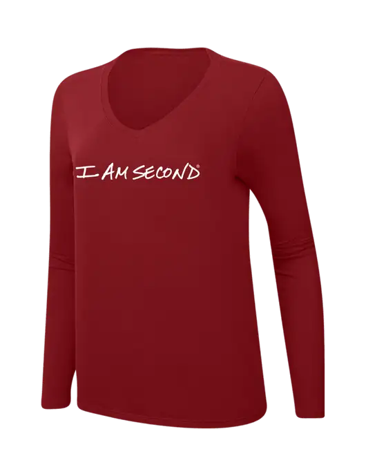 I Am Second Womens  V-Neck Ring Spun Bright Red 4.5 oz Long Sleeve T-Shirt w/I Am Second Logo