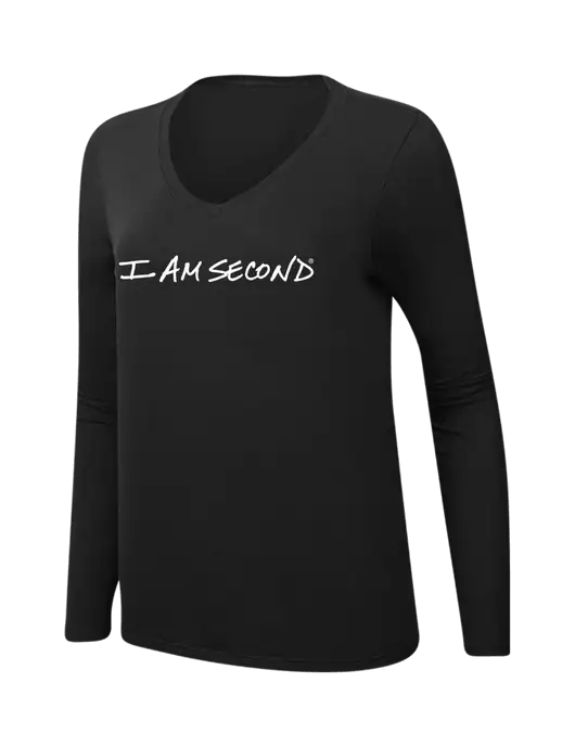 I Am Second Womens V-Neck Ring Spun Jet Black 4.5 oz Long Sleeve T-Shirt w/I Am Second Logo