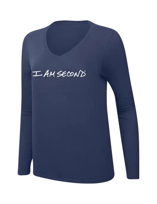 I Am Second Womens  V-Neck Ring Spun Navy 4.5 oz Long Sleeve T-Shirt w/I Am Second Logo