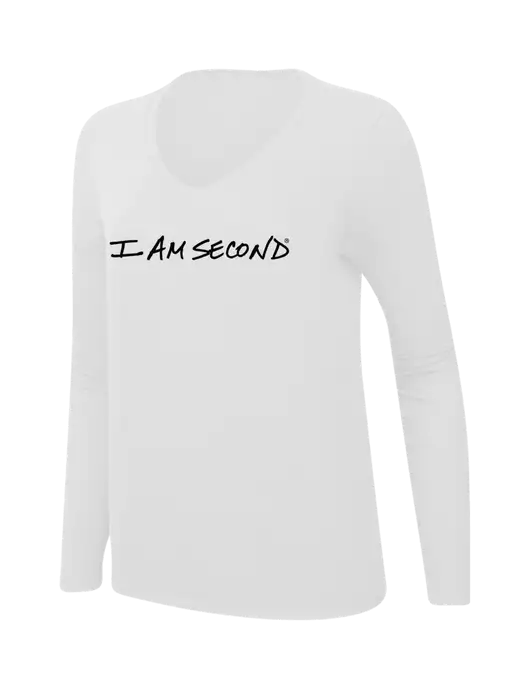 I Am Second Womens  V-Neck Ring Spun White 4.5 oz Long Sleeve T-Shirt w/I Am Second Logo