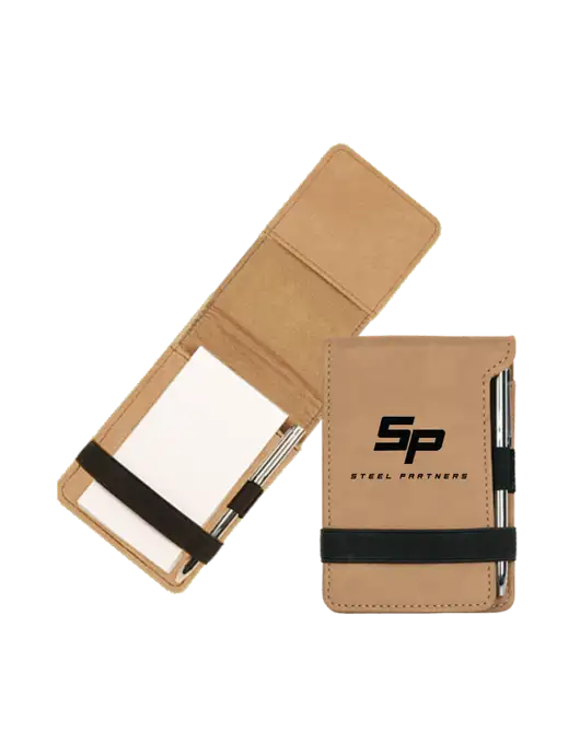 Steel Partners Sand Leatherette Mini Notepad with Pen,  3.25 x 4.75 w/Steel Partners Logo