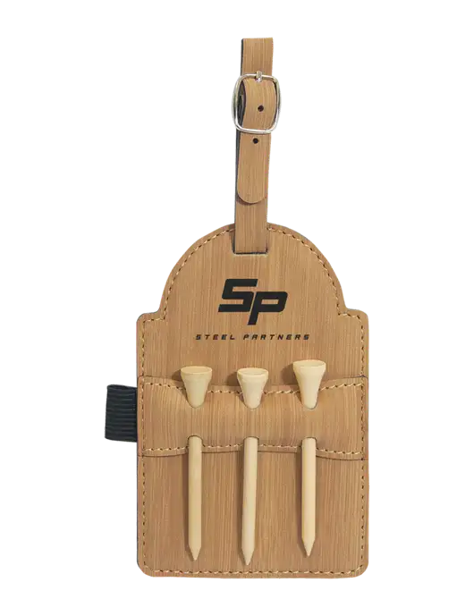 Steel Partners Bamboo Leatherette Golf Bag Tag with 3 Wooden Tees w/Steel Partners Logo