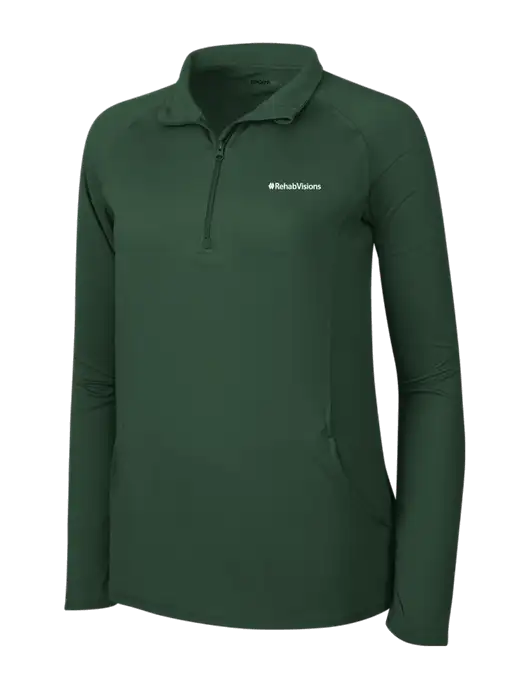 RehabVisions Dark Green Womens Sport Wick Stretch 1/4 Zip Pullover w/RehabVisions Logo