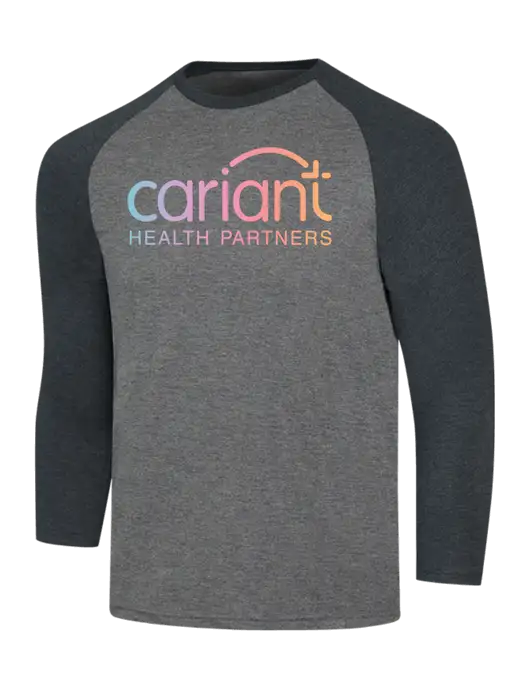 Cariant Simply Soft 3/4 Raglan Sleeve Black Frost/Grey Frost 4.5oz, Poly/Combed Ring Spun Cotton T-Shirt w/Cariant Logo
