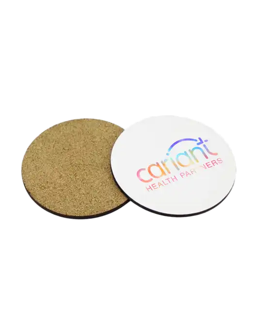 Cariant Gloss White Hardboard Round Coaster w/Cork Back, 3.75 w/Cariant Tie Dye Logo