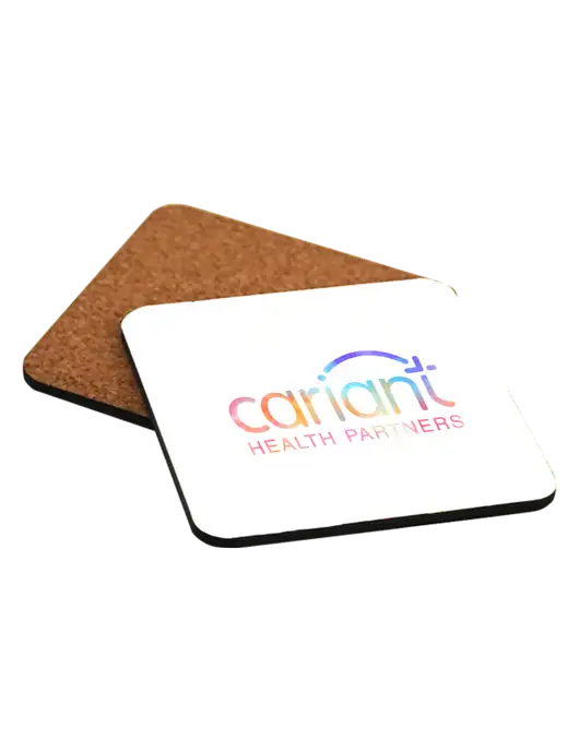 Cariant Gloss White Hardboard Square Coaster w/Cork Back, 3.75 x 3.75 w/Cariant Tie Dye Logo